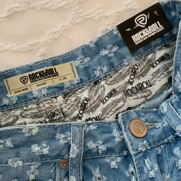 ROCK&ROLL DENIM HIGH RISE HOLEY SHORTS WITH RAW HEM - Picture 7 of 9